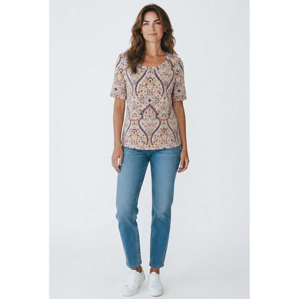 Talbots Tee Womens Petite Medium PM Paisley‎ Medallion Scoop Neck Short Sleeve